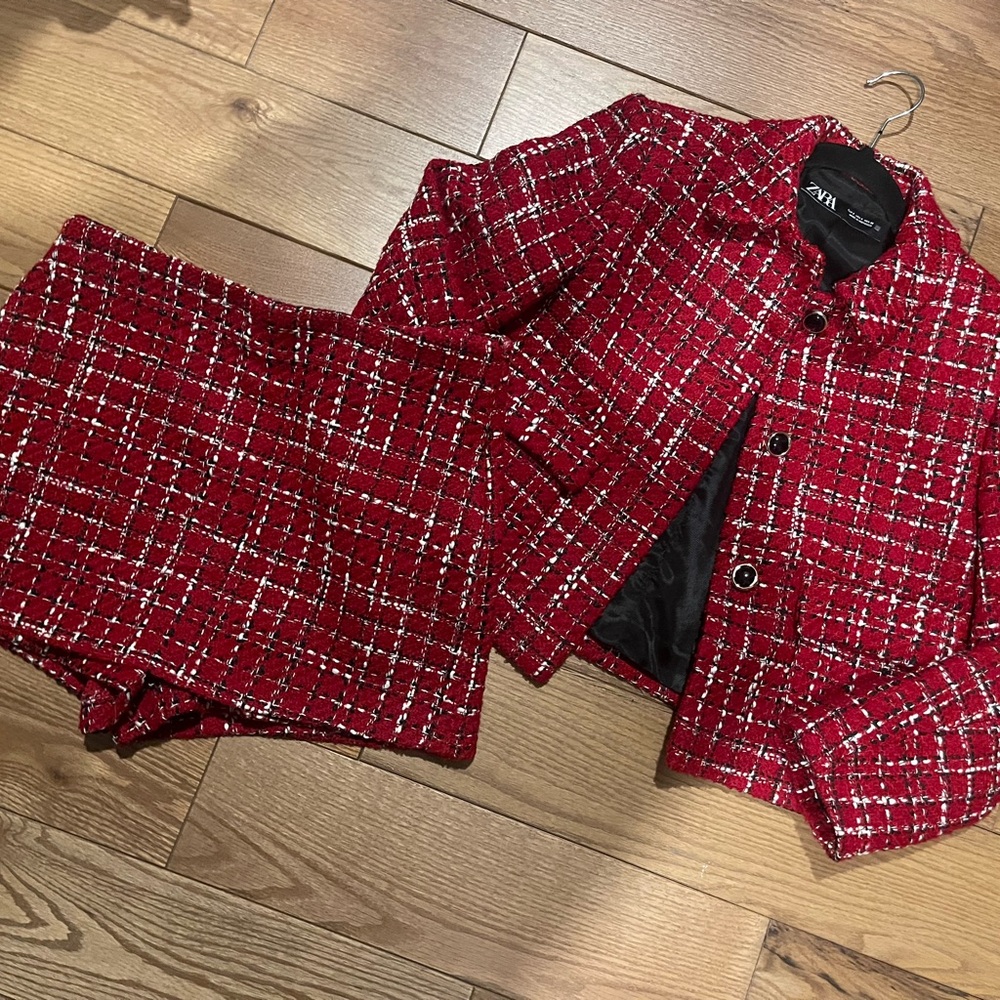 Zara Red Plaid Blazer and Shorts Set